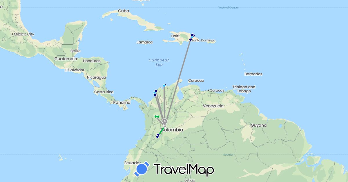TravelMap itinerary: driving, bus, plane, boat in Colombia, Dominican Republic (North America, South America)